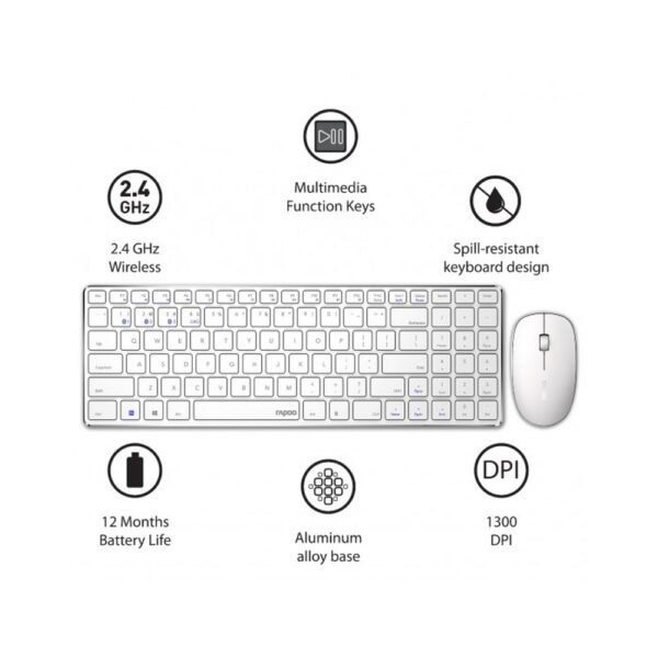 RAPOO KEYBOARD MOUSE COMBO WIRELESS (9300M) WHITE - Image 3