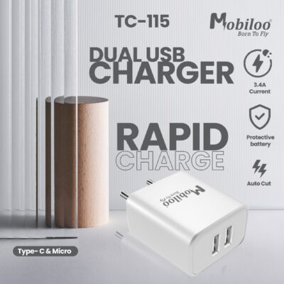 MOBILOO 3.4A AMP DUAL USB RAPID CHARGER – TC115